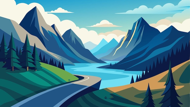 Vector the winding road leads to the ultimate destination a serene mountain lake surrounded by towering peaks and lush vegetation offering a moment of peace and reflection in the midst