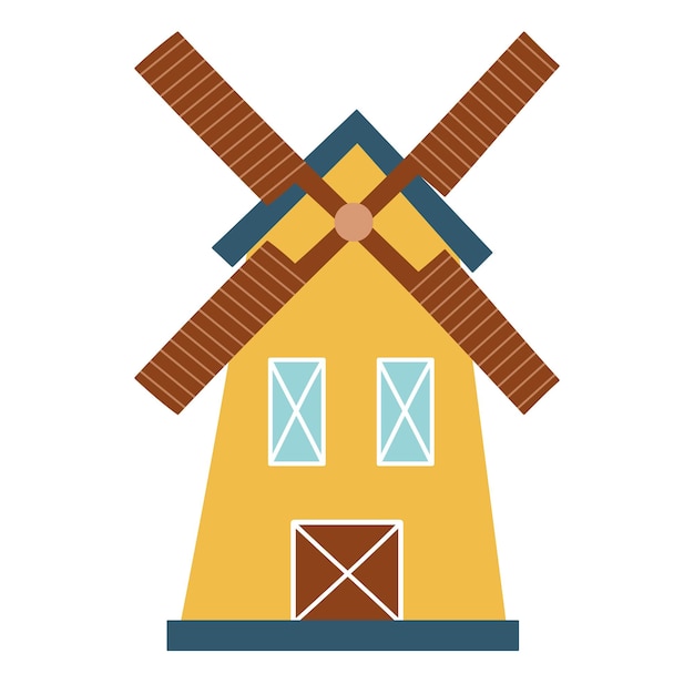 Windmill isolated element in cartoon style Hand drawn farm mill icon on white background