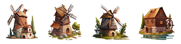 Windmill set. Vector illustration of a vintage windmill on a white background. Cartoon set