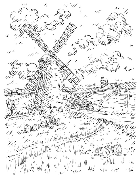 Windmill on wheat field Vintage vector black engraving illustration Isolated on white background