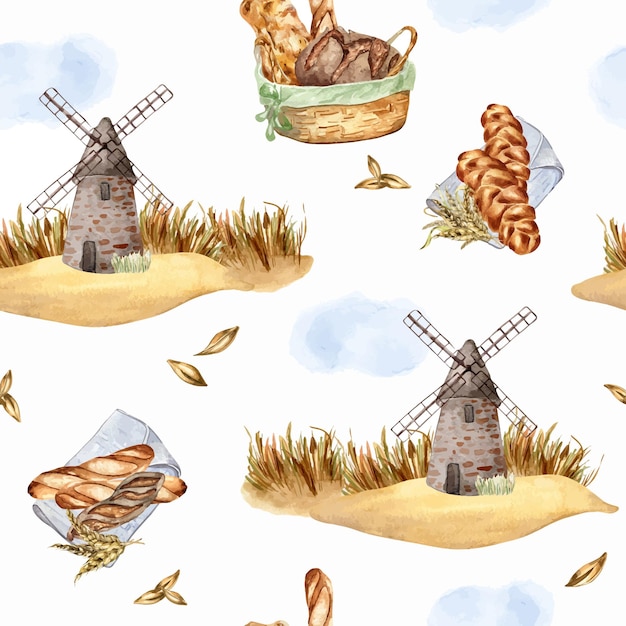 Vector windmill with various kind bread in watercolor seamless pattern isolated on white background rustic landscape with rye for bakery in sketch style hand drawn design for package wrapping paper