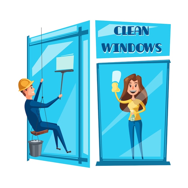 Vector window cleaning cartoon icon set design