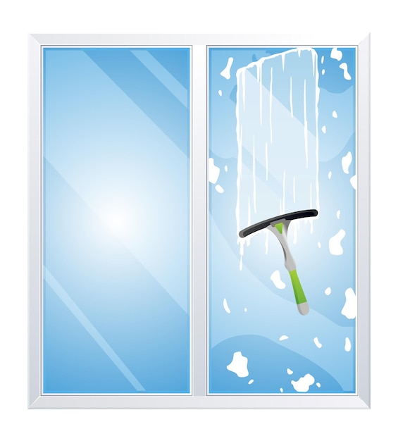 Vector window cleaning service concept with glass scraper and spray vector illustration