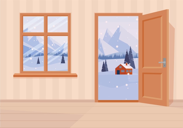 Window and doors into winter landscape. Flat cartoon style vector illustration. EPS 10