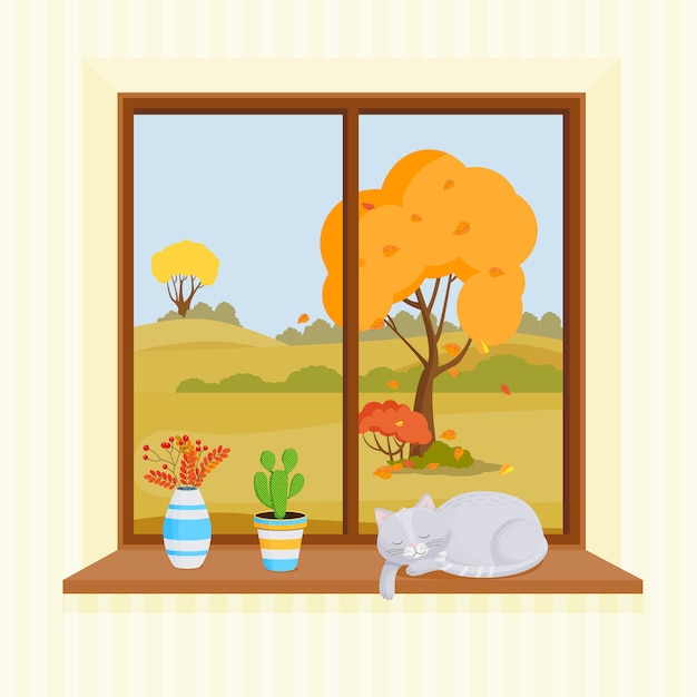 Window on a light background. Outside the window there are trees with yellow leaves. On the windowsill is a bouquet of autumn leaves, a cactus and a sleeping cat.