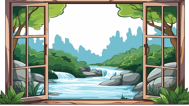 Vector window near waterfalls illustration serene nature scene