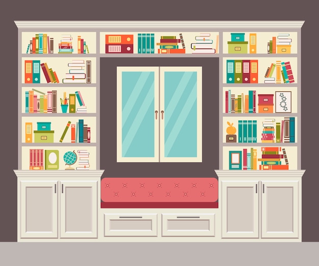 The window seat and wall of books for the home office