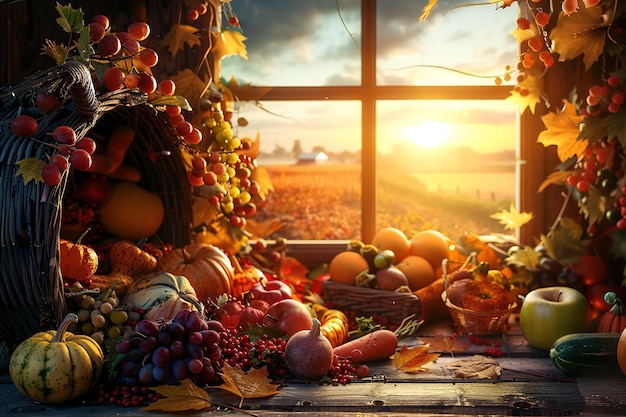 a window with a basket of fruit and a window with the sun shining through it