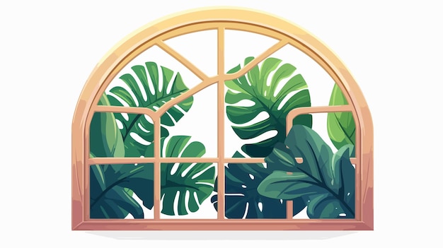 a window with a green plant and a window with a green plant in the center