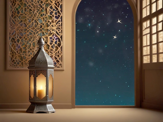 a window with a lantern and a window with the night sky in the background