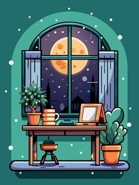 a window with a moon and a plant on it