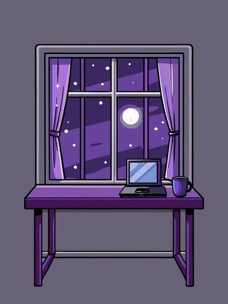 a window with a purple curtain and a laptop on it