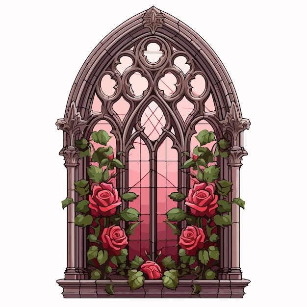 Vector a window with roses and a red door with a window in the background