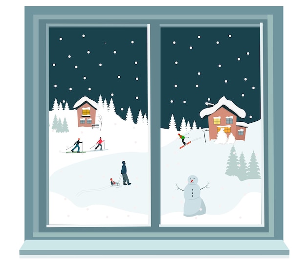 Window with winter evening landscape, snowman, skier, snowfall, snowdrifts.