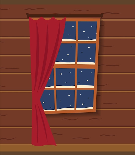 Window in wooden house. Night view and snow