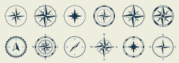 Windrose Silhouette Icon Set Compass Nautical Navigator Cartography Glyph Pictogram