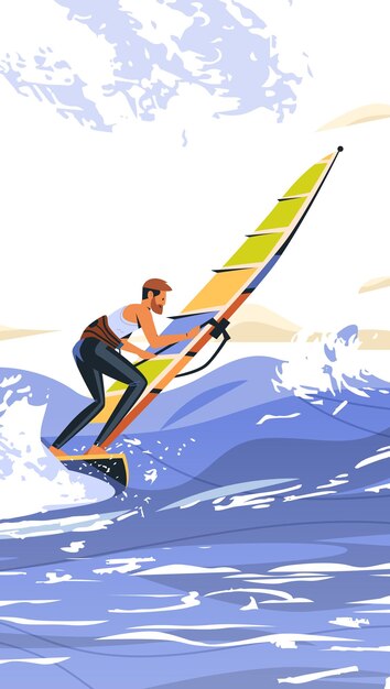 Vector windsurfer riding waves vibrant ocean scene dynamic water sports action colorful sail splashy sea adventure