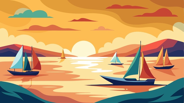 Vector a windswept coastal estuary dotted with colorful sailboats their sails billowing against the backdrop of a golden sunset