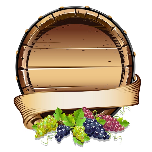 Wine barrel and bunches of grapes