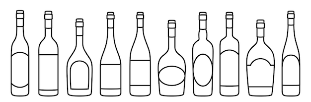 Wine bottle different shapes linear doodle set various alcohol beverages celebration bottles design