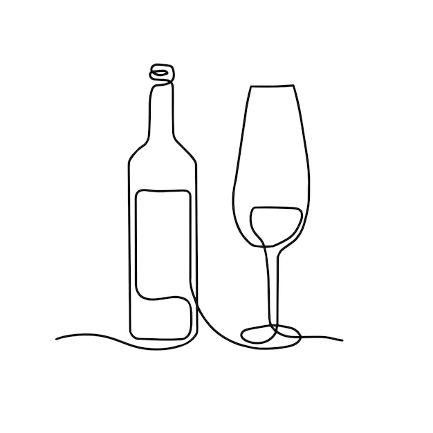 Wine bottle and glass vector illustration One line drawing Vector illustration