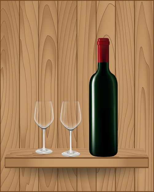 Wine bottle and glass on wood shelf modern design Vector illustration