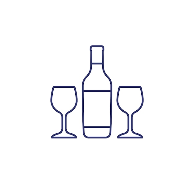 Wine bottle and two glasses line icon