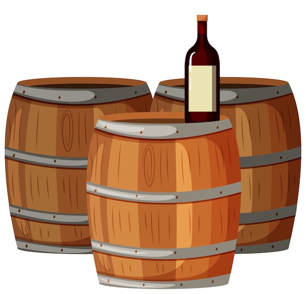 Wine bottle on wooden barrels