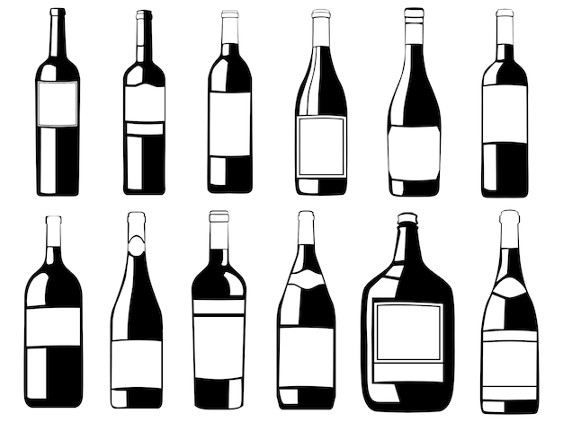 Wine bottles set. Black and white winery bottles  collection. Chardonnay, merlot and champagne package. Alcohol drink packs illustration.