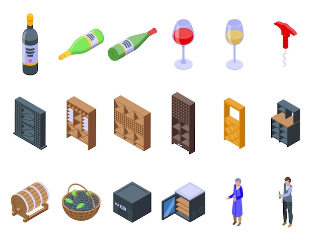 Wine cellar icons set isometric vector Keg barrel