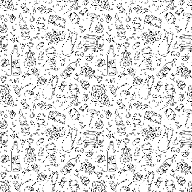 Wine and cheese vector seamless pattern in Doodle sketch style with grapes and bottles