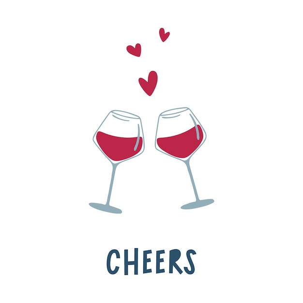 Wine Day Two glasses of red wine hearts and toasting word Cheers Minimalistic style greeting card