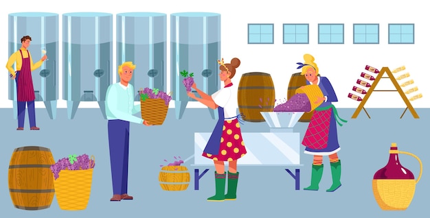 Wine factory production process flat illustration