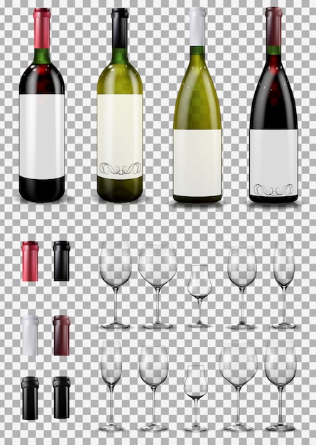 Vector wine glasses and bottles. caps closing the stopper bottle.