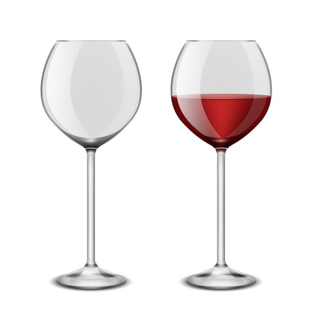 Wine glasses realistic Restaurant glassware isolated on white background Red alcoholic drink empty blank and full wineglass graphic design element vector 3d illustration