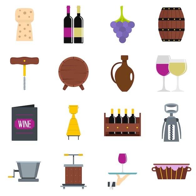 Wine icons set in flat style