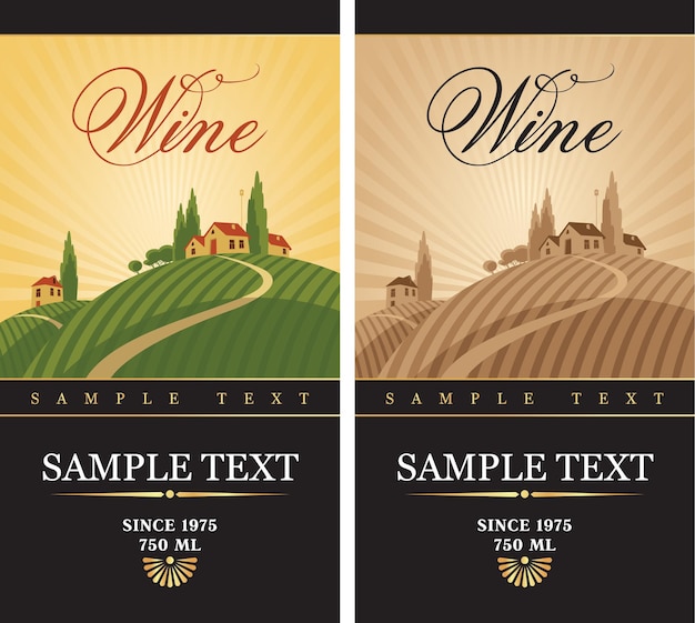 wine labels with a landscape of vineyards