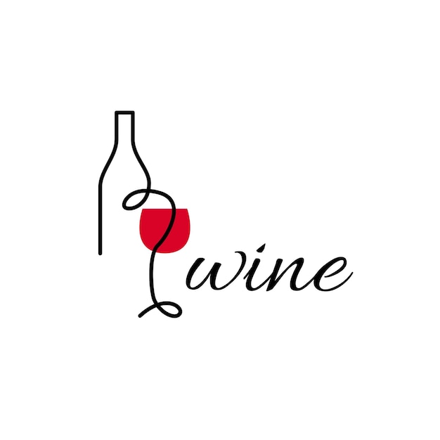 Wine logo for a liquor store bar Glass and bottle with the inscription wine In line style