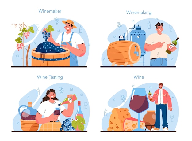 Wine maker concept set. Grape wine aging in a wood barrel. Wine factory