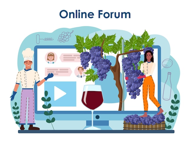 Wine maker online service or platform. Grape wine aging in a wood barrel. Wine factory production. Online forum. Flat vector illustration