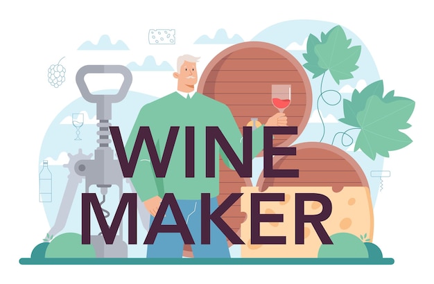 Vector wine maker typographic header grape wine in a wood barrel