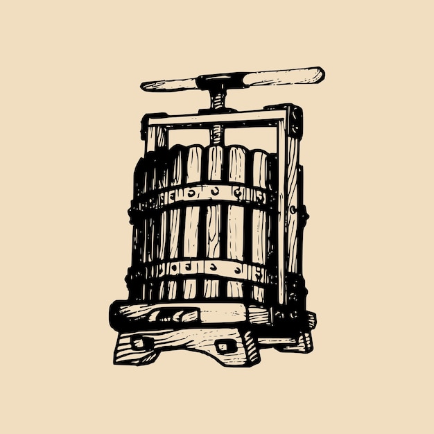 Vector wine press illustration vector alcoholic beverages logo hand sketched vinemaking element in engraved style