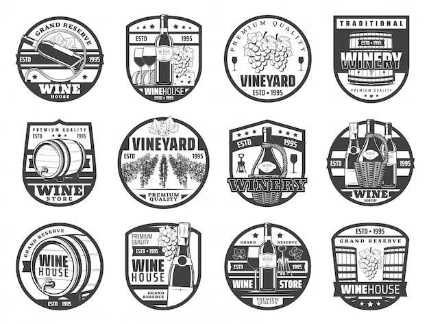 Wine production, winery farm and store icons