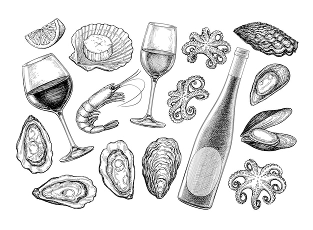 Wine and seafood Ink sketch collection Hand drawn vector illustration Retro style