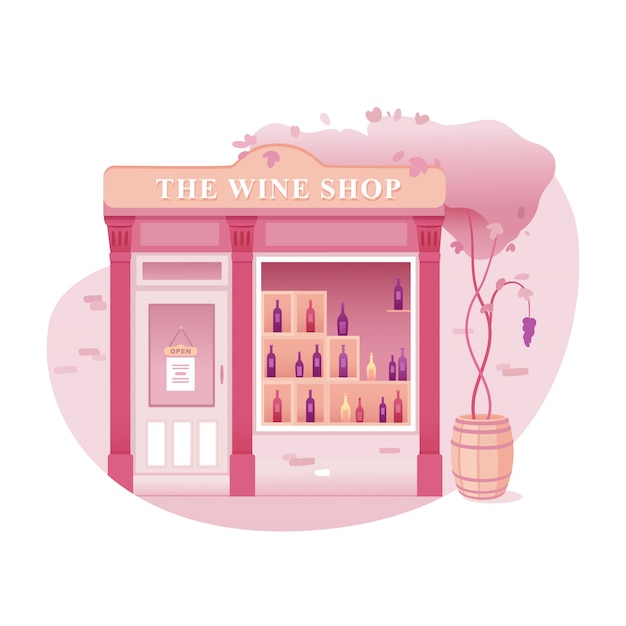 Wine shop illustration, alcohol store  cartoon drawing. Buy red, white, rose, champagne wine. Building facade, exterior front view