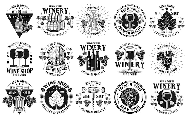 Wine shop and winery big set of fifteen vector monochrome emblems, labels, badges or logos in vintage style isolated on white background