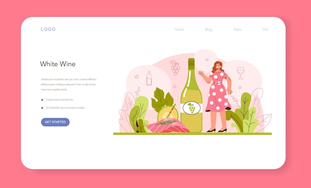 Wine web banner or landing page. Grape wine in a bottle and glass full of alcohol drink. White wine with appetizer. Cheese, sausage, fish and strawberry. Flat vector illustration