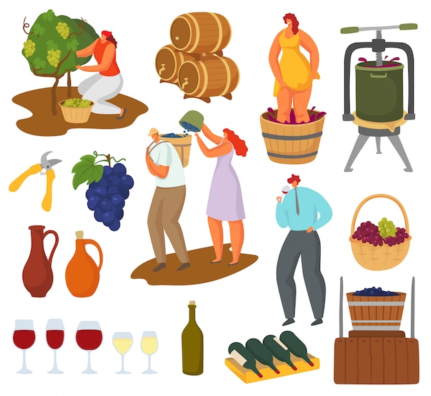 Vector wine and winemaking illustration set, farmer winemaker characters harvesting, pressing, making wine