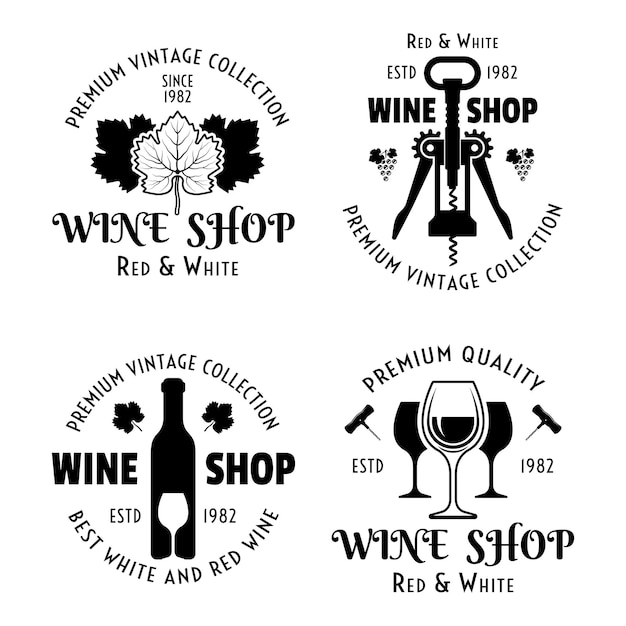 Wine and winery set of vector emblems labels badges or logos in vintage style isolated on white background