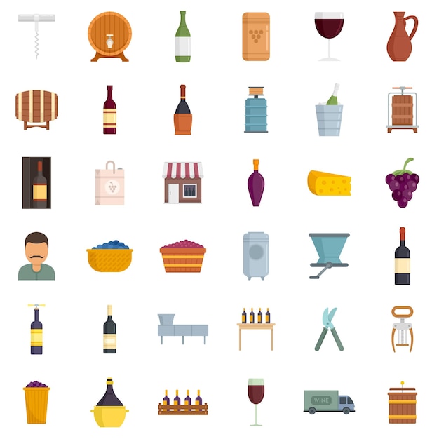 Winemaker icons set. Flat set of winemaker vector icons isolated on white background